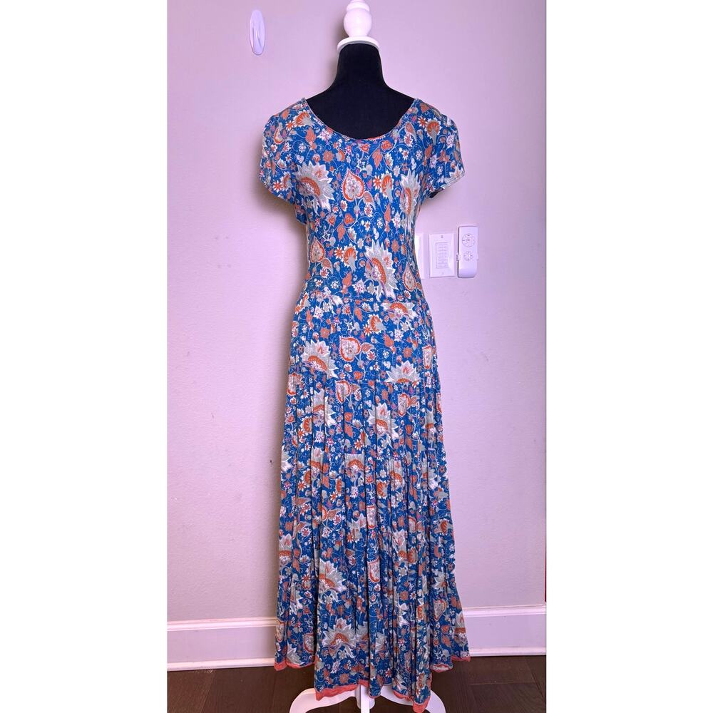 Soft Surroundings Flowy Viscose Tiered Maxi Dress Blue, Gray & Orange Size XS